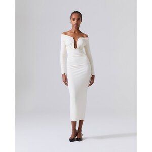 CAROLINA HERRERA DEEP U-NECK RUCHED IVORY MIDI DRESS size XS